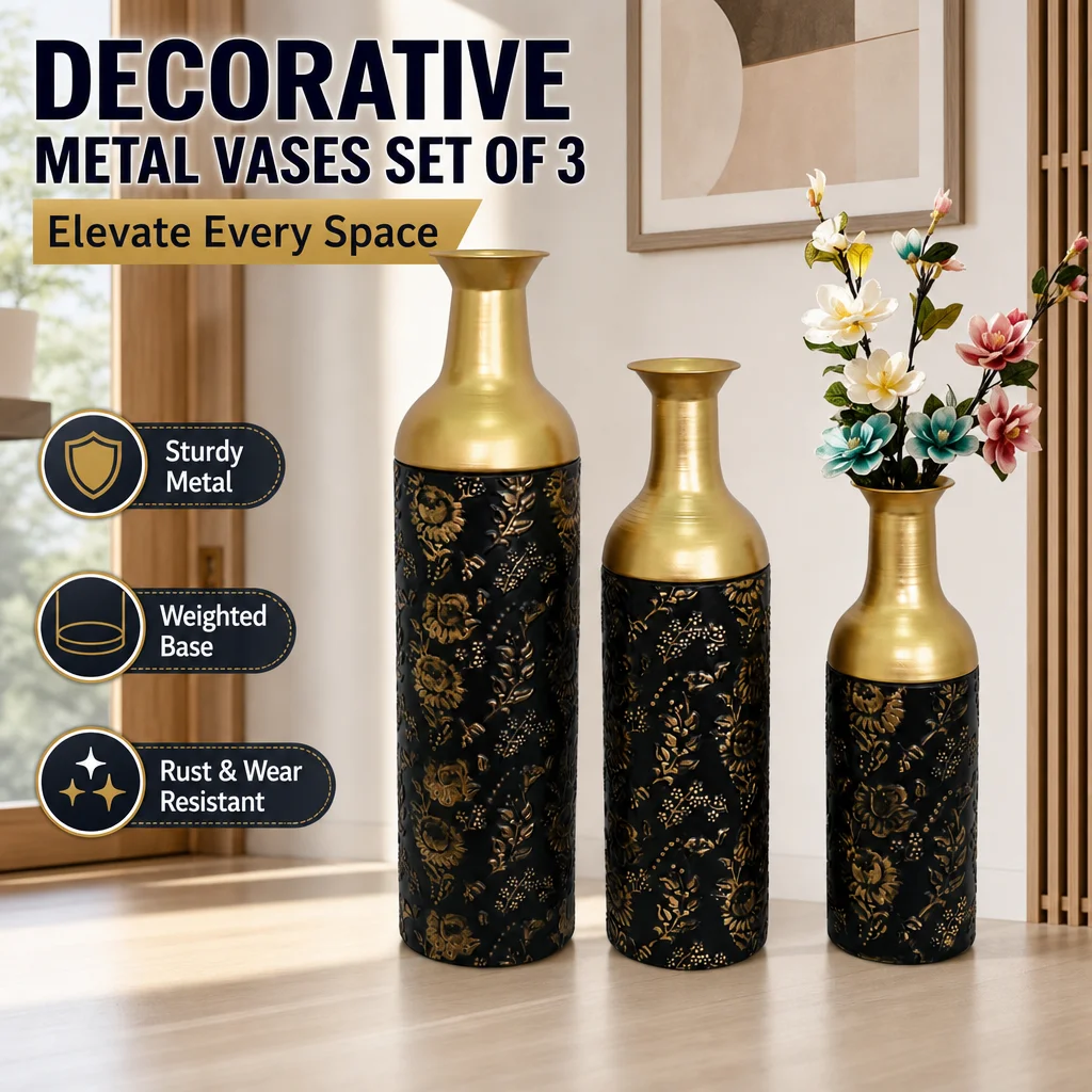 Set of 3 Black and Gold Metal Floor Vases, 24, 28, 32.3 in, Gold Leaf Pattern, Glazed Finish, Thick Metal, Weighted Flat Base, Stable, Rust Proof, Kid and Pet Safe, Fresh Flower Ready, Living Room Entryway Hallway Decor