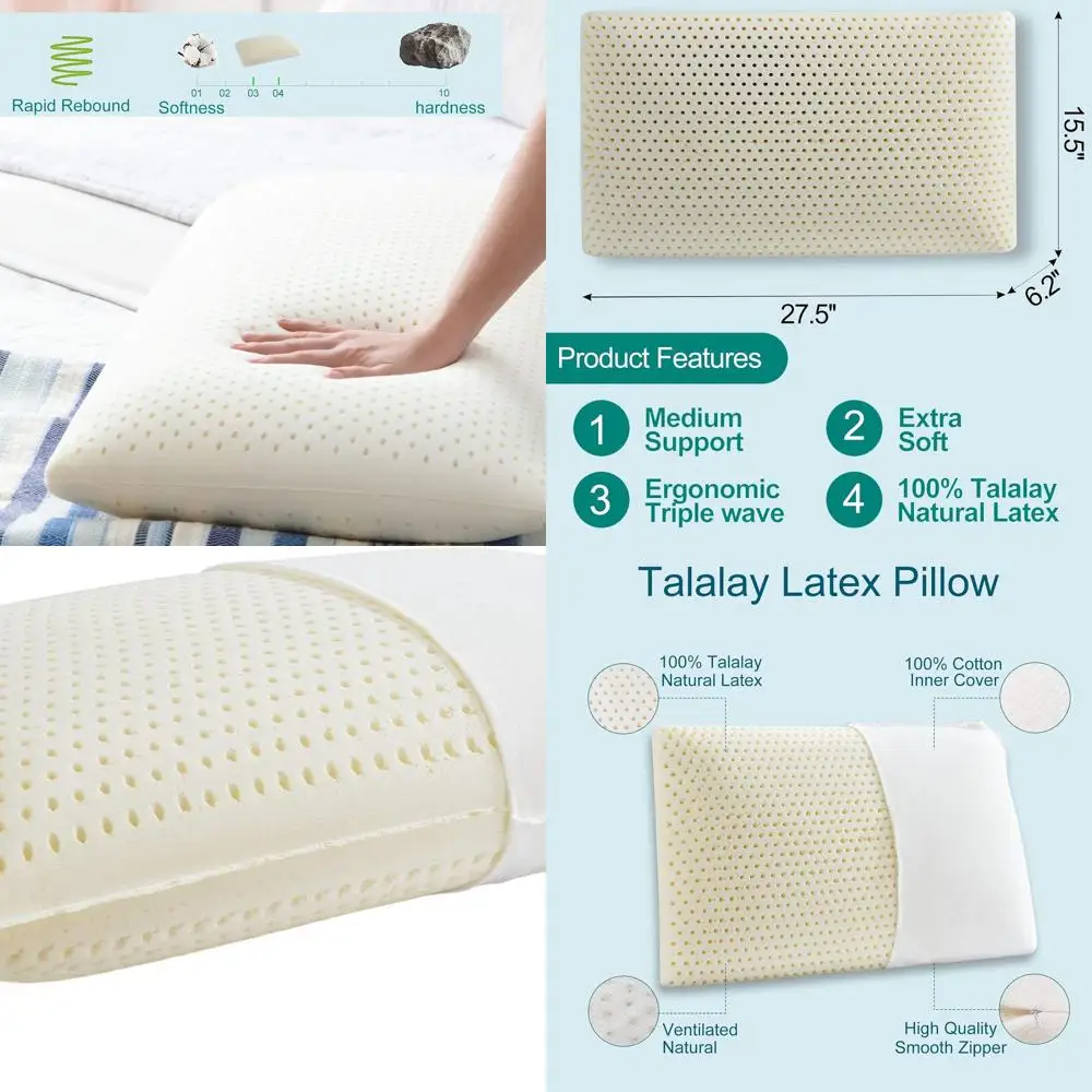 

Luxury Talalay Latex Pillow - Queen Size, Suitable for All Sleep Positions, with Removable Cotton Cover (Medium Firm)