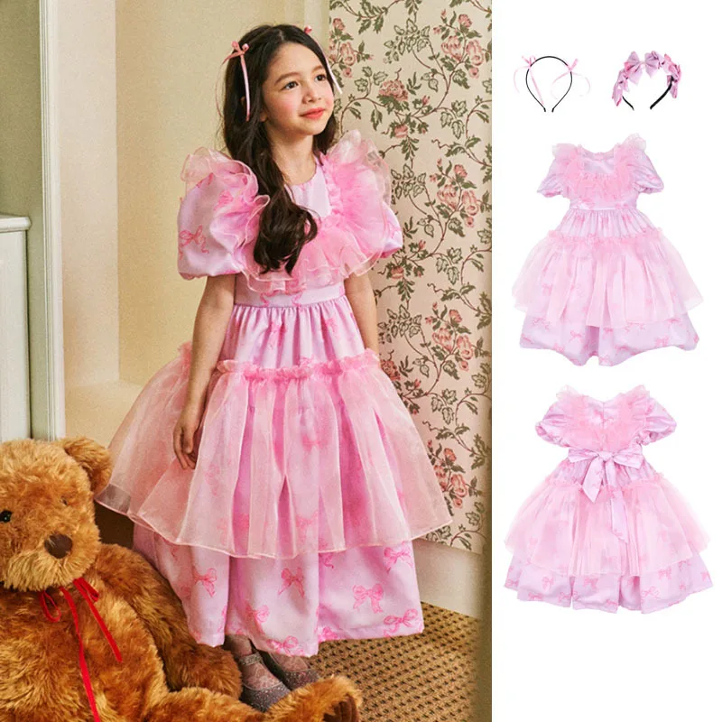 Spot BEBEBEBE 2024 Spring/Summer Girls Pink Bow Princess Dress Birthday Party Dress  baby girl clothes  7-12y