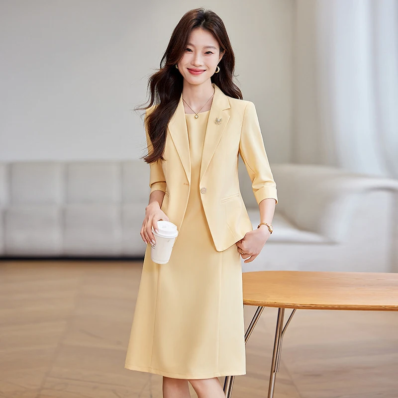 New yellow workplace commuting dress, light luxury and high-end feel, two-piece formal occasion suit, elegant women's suit