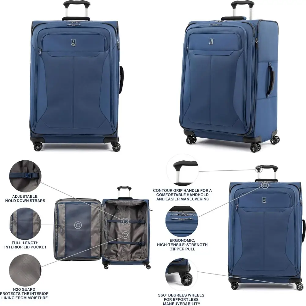 Lightweight Expandable 29 Inch Suitcase with 4 Spinner Wheels, Large Checked Luggage, Blue Softside Travel Bag