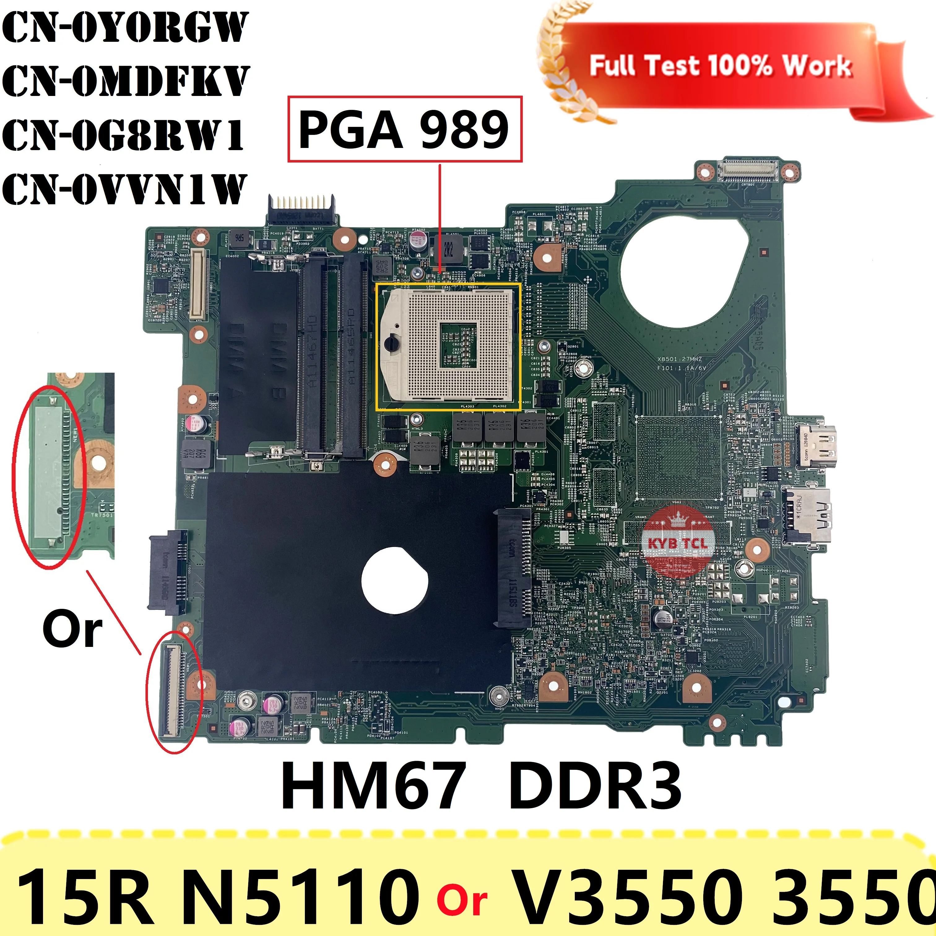 Placa-mãe portátil para Dell Inspiron 15r, N5110, Vostro, V3550, 3550, 0g8rw1, 0y0rgw, 0vn1w, 0mdfkv, hm67, pga989, ddr3