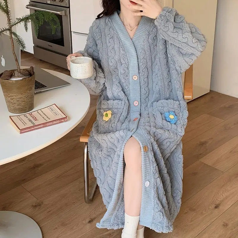 Appliques Robe Women Button Sleepwear Nightdress Winter Night Wears Pajama Nightgown Long Sleeve Warm Fleece Homewear Japanese