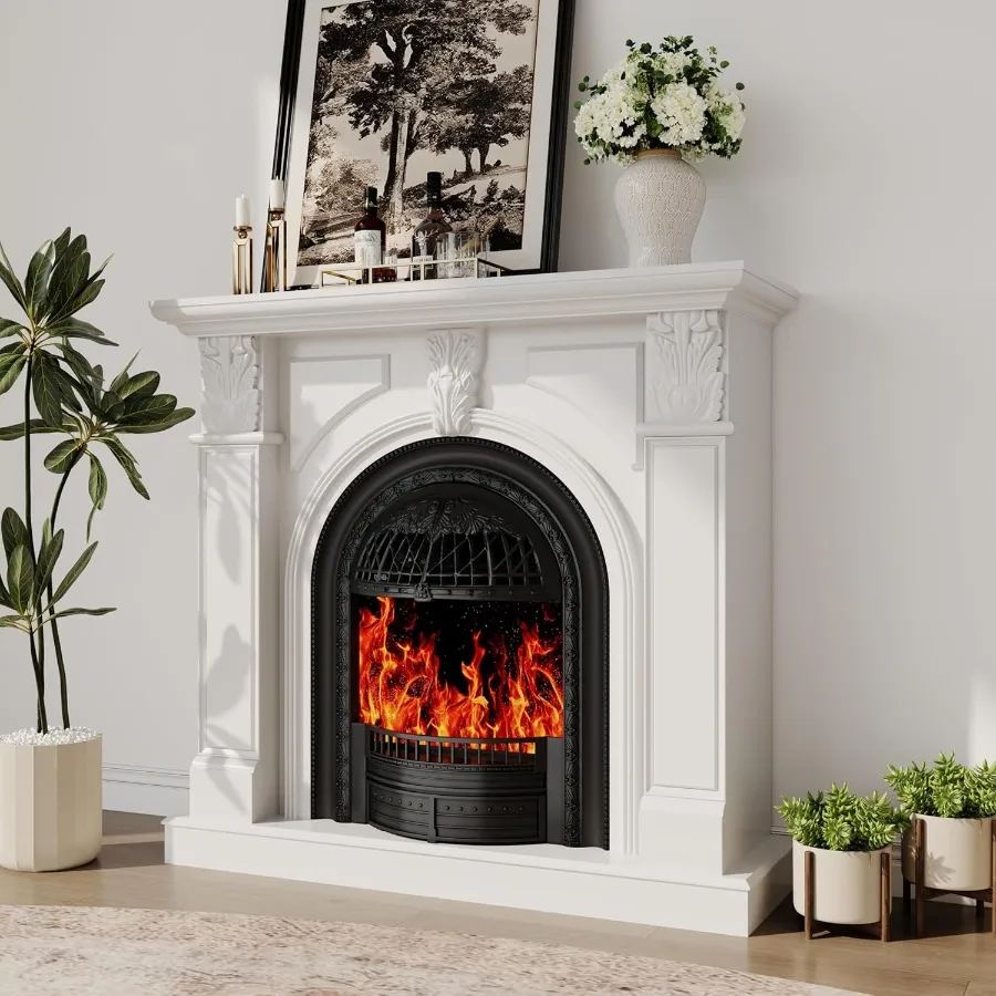 

48 Electric Fireplace TV Stand with Mantel Entertainment Center Featuring Black Birdcage Fire Place Heater and Carved Square Co