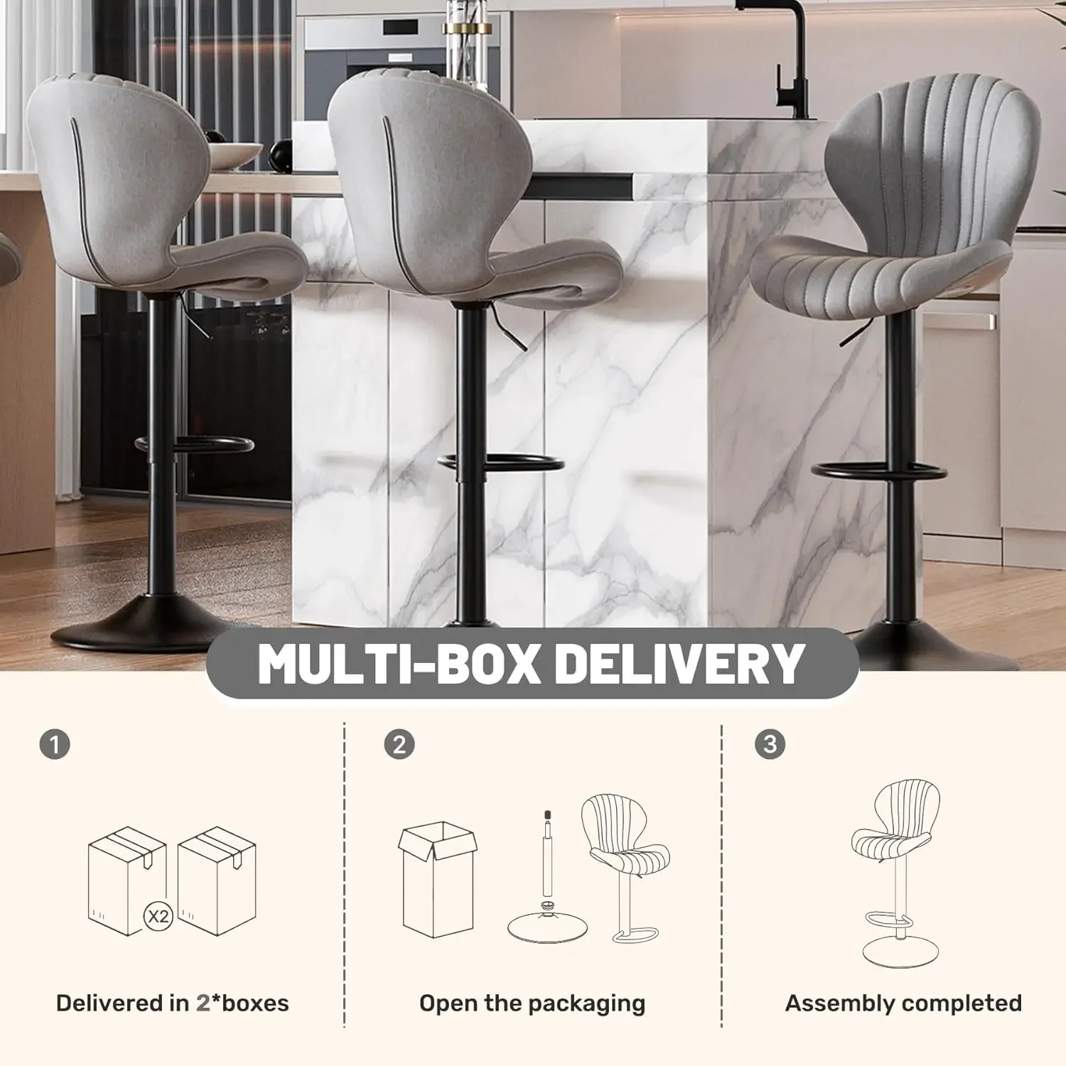 สินค้ามาใหม่! ส่งฟรี! เก้าอี้บาร์หมุนได้ทันสมัย 3 ตัว, เก้าอี้บาร์ทรงสูงพนักพิงสูง, ประกอบง่ายใน 3-5 นาที