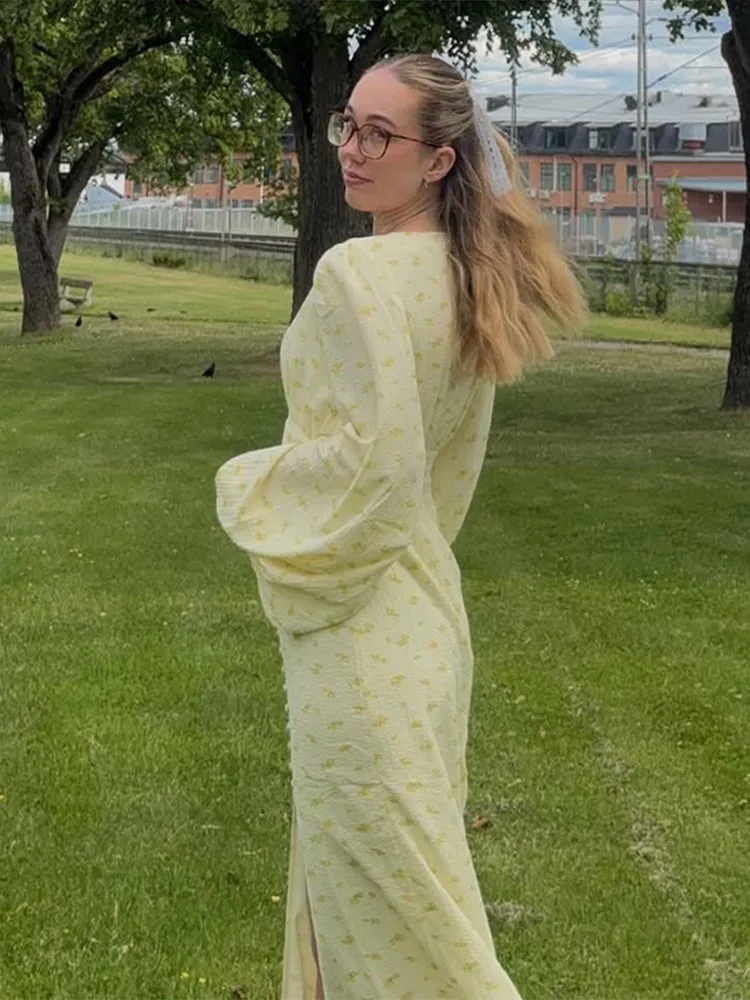 Seksowna Sukienka z Nadrukiem Dekolt V Damska Uliczna Jednorzędowa Bufiaste Długie Rękawy Długie Sukienki Damskie Lato Jesień 2025 Szaty Damskie