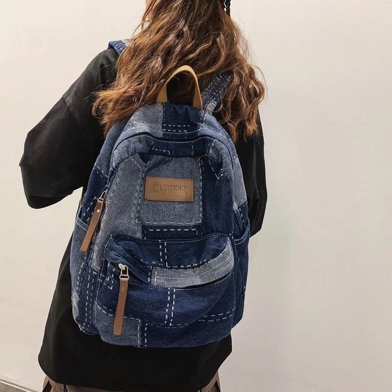 

Denim Backpacks For Women Canvas Shoulders Bag Patchwork Knapsack Y2K Packbag Vintage Rucksack School Mochila New Jeans Bookbag