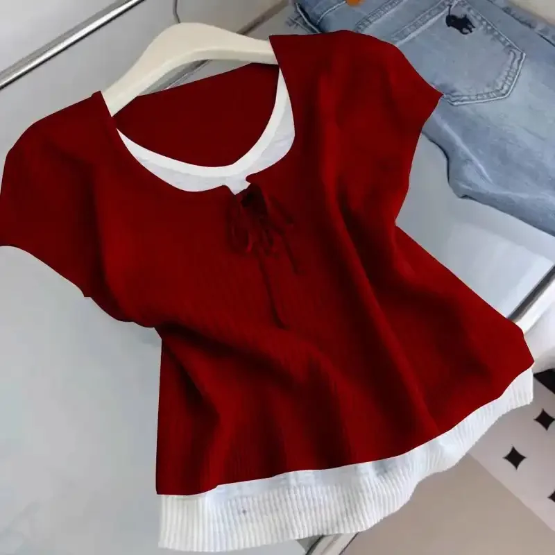 Purple Knit T-Shirt With Lace-Up Detail Sweet Style For Women Casual Spring Summer Top
