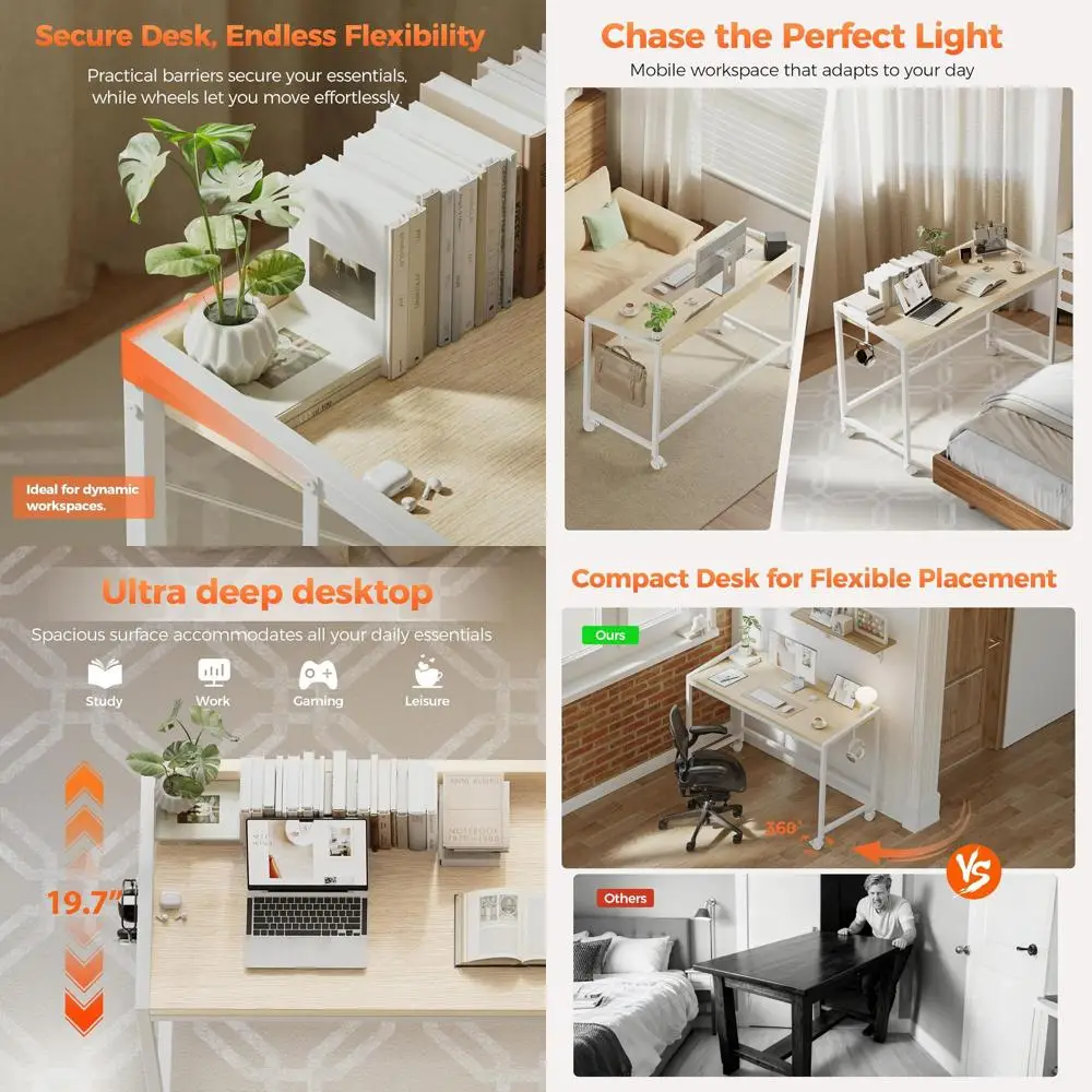 

48 Modern Oak Rolling Desk with Wheels, Compact Gaming Desk for Home Office & Study