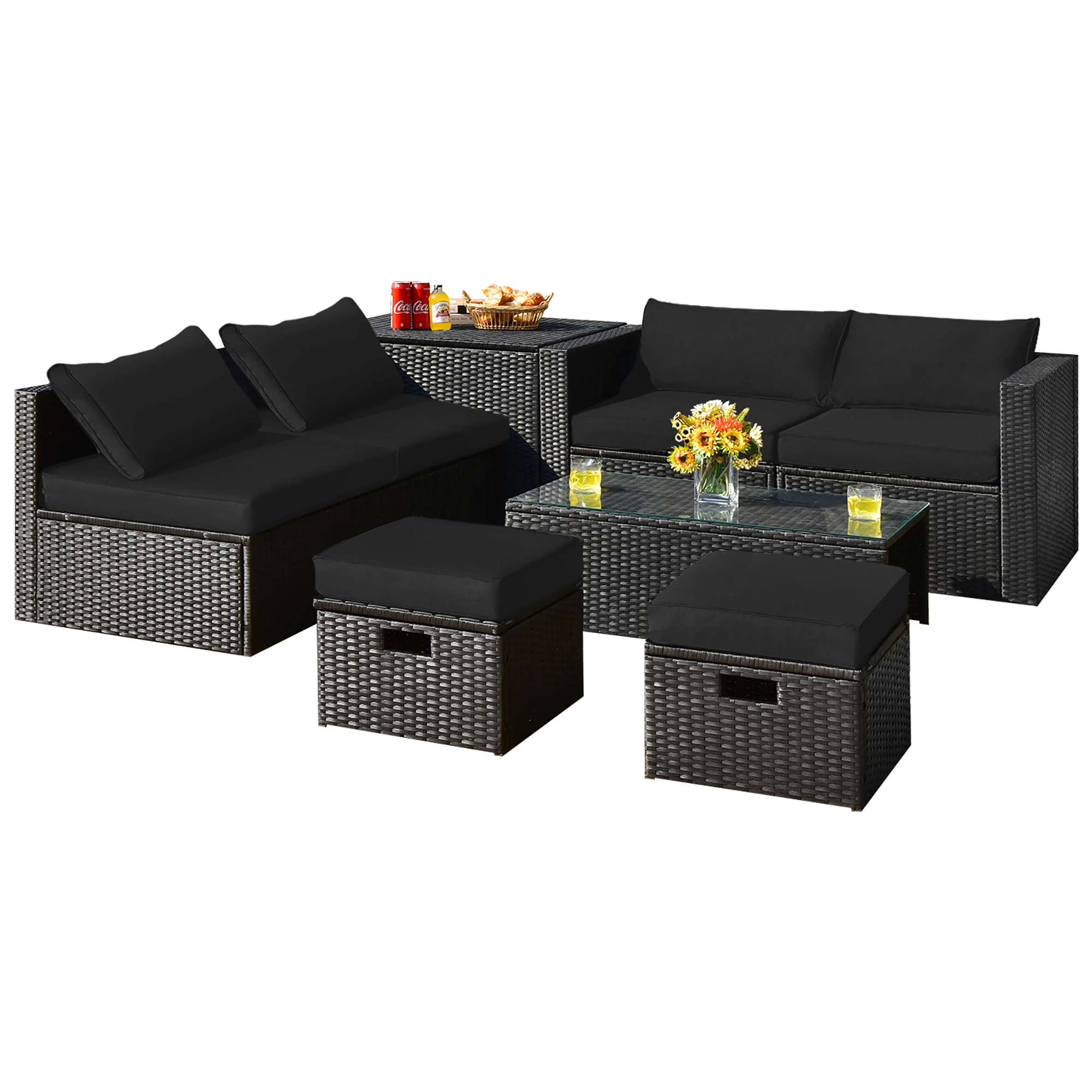 8PCS Patio Rattan Furniture Set Storage Table Ottoman Black cover