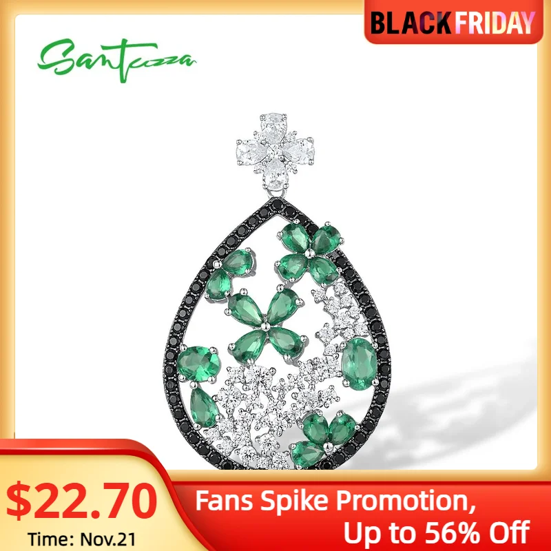 SANTUZZA 925 Sterling Silver Pendant For Women Sparkling Green Black Spinel White CZ Flower Pendant Chic Trendy Fine Jewelry