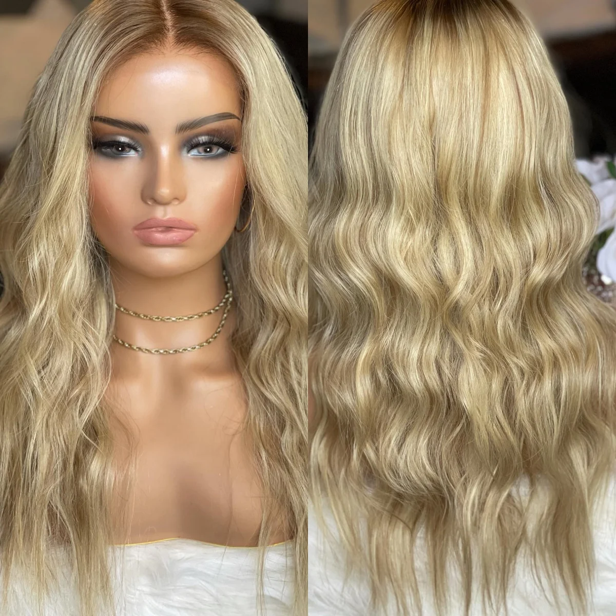 

Futura Fiber Honey Golden Blonde Highlights Lace Wig Косплей Бесклеевой парик с кружевным верхом Глубокая волна 26 дюймов Полные парики Термостойкие волосы