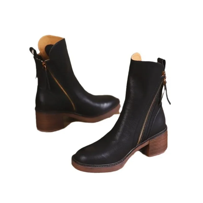 Botas Martin con cremallera lateral De tubo medio De estilo Retro para Mujer, Zapatos De tacón grueso, Otoño, 2024