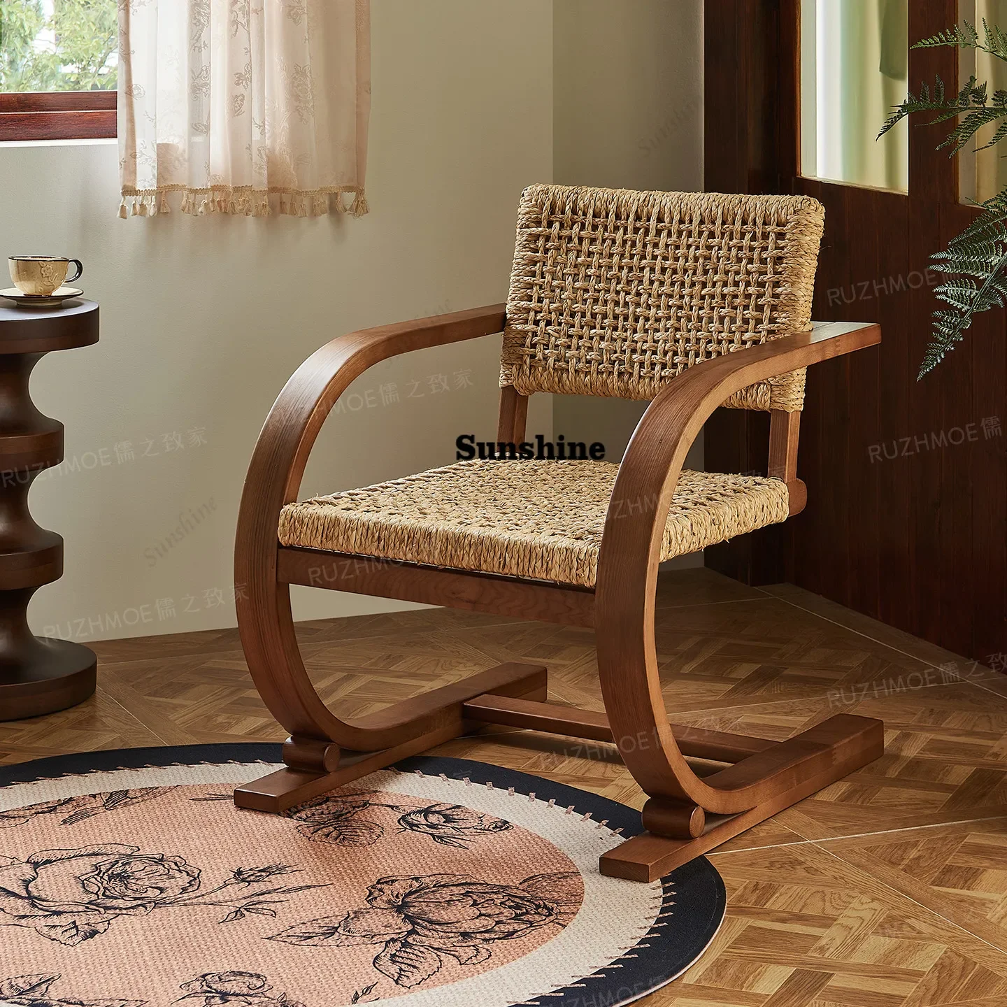 

Retro solid wood armchair woven rattan chair single sofa chairTJ