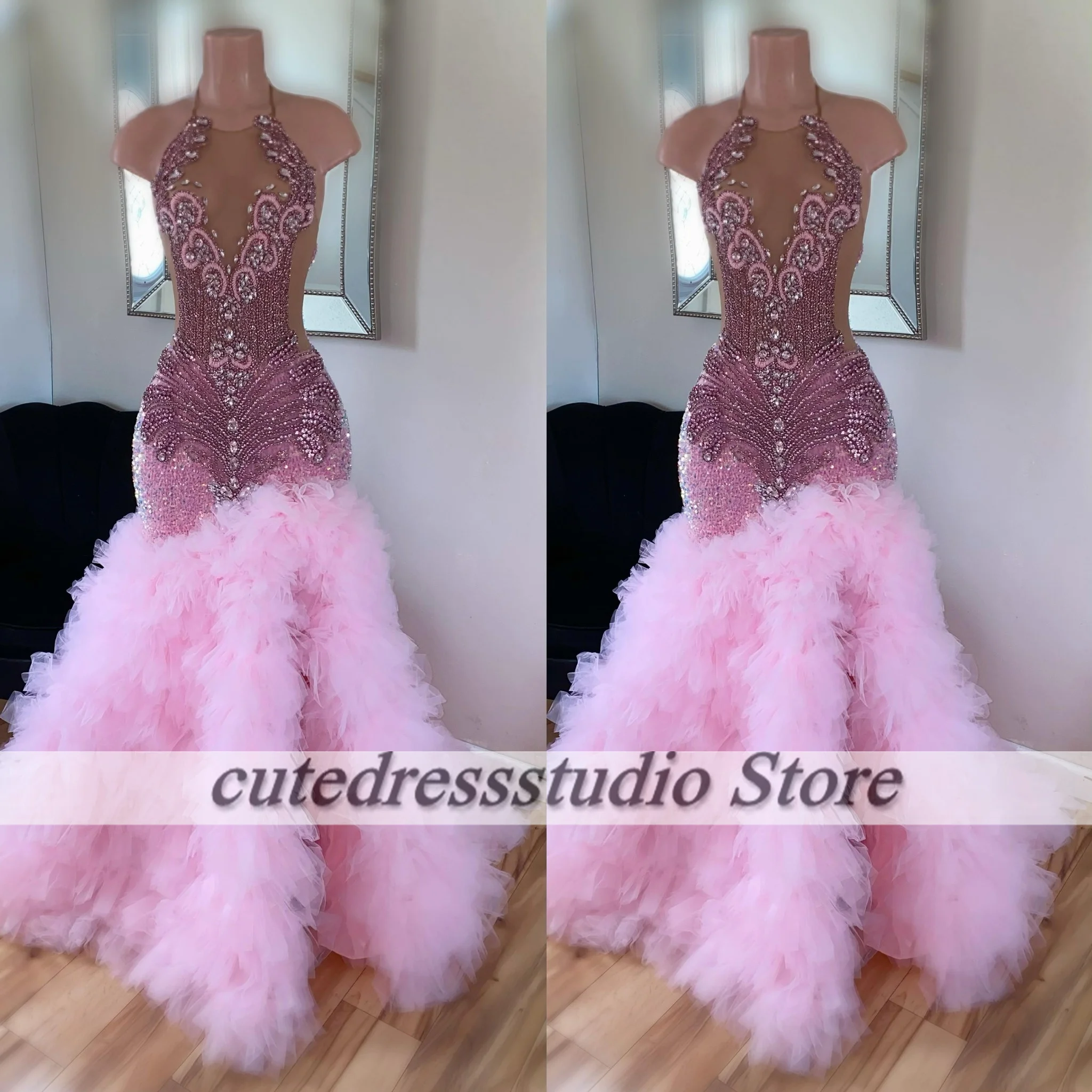 Giltter Pink Prom Dresses Black Girls 2025 Halter Sequin Ruffles Mermaid Party Gowns Rhinestone Abendkleider Luxus 2024