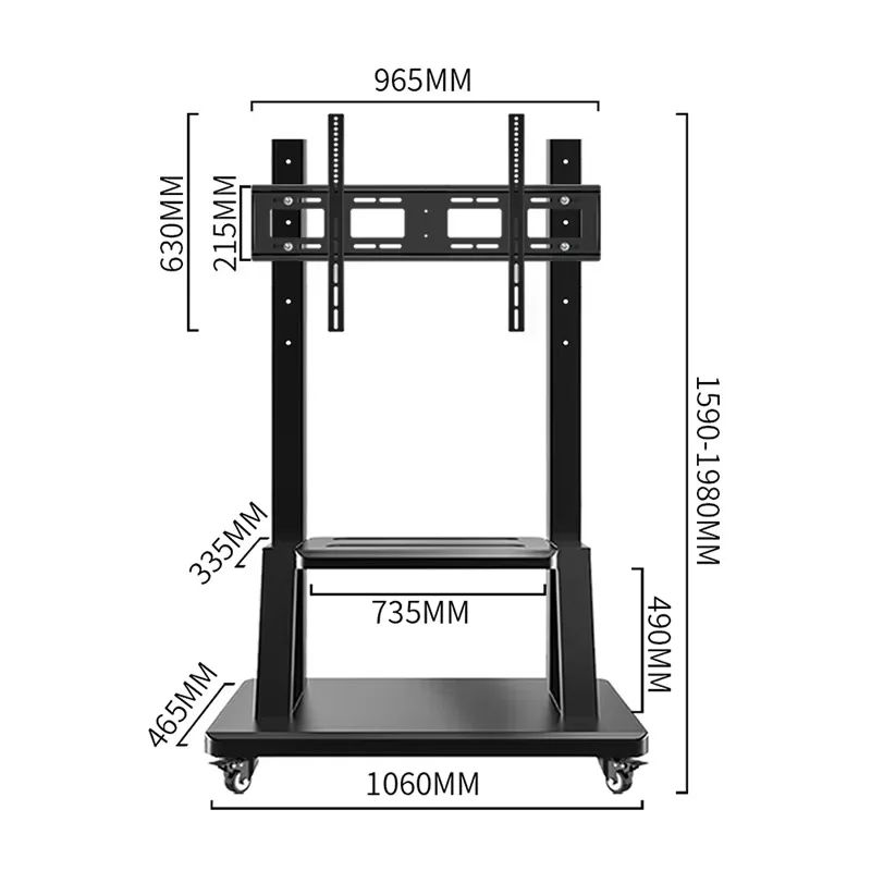 2026 Mobile Tv Cart Rolling Floor Stand Lockable Wheels Height Adjustable Trolley 55-100 Inch Interactive Whiteboard Tv Display