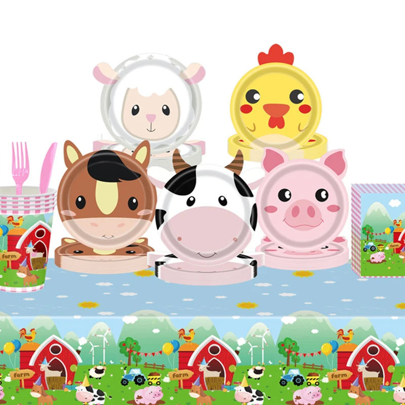 Fazenda suprimentos de festa de aniversário animal fazenda placa de papel porco ovelhas frango cavalos vacas forma louça fazenda animal festa decoração