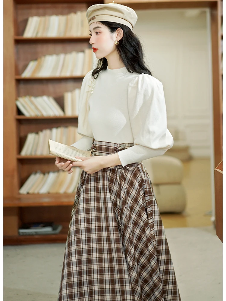 Fashion Plaid Long Skirt Women Summer Autumn High Waisted Lace Up A-Line Skirts Elegant Faldas Mujer