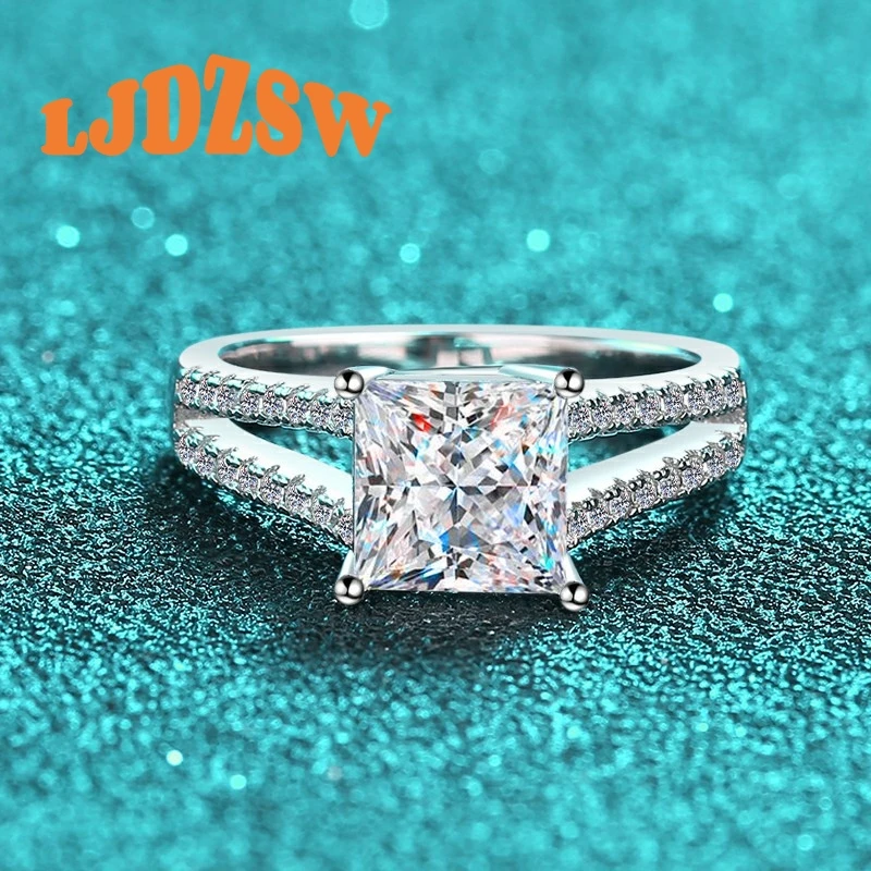 

S925 Sterling Silver Princess Cut Moissanite Ring Double Pave Band with 4 Prong Setting 2ct Sparkling Stone for Bridal Jewelry