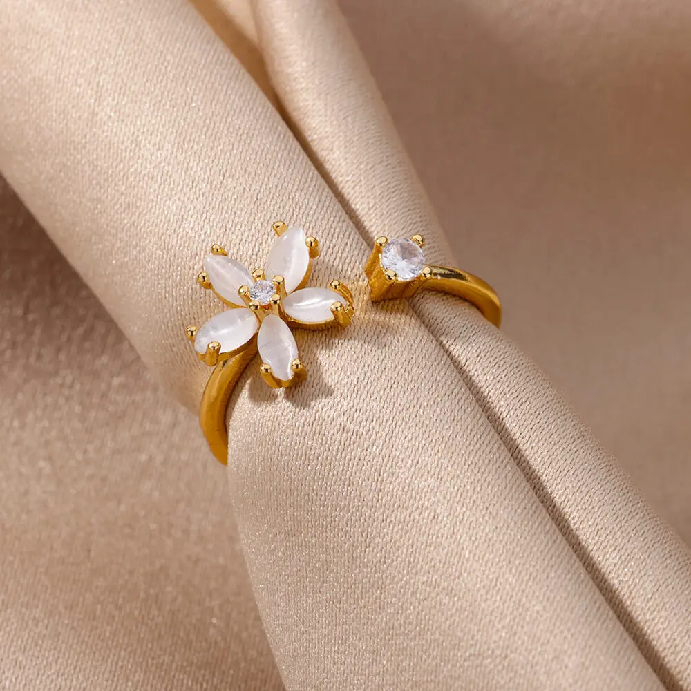 Opal Flower Rings For Women Cubic Zirconia Openning Stainless Steel Flower Ring Wedding Floral Aesthetic Jewelry anillos mujer image 4