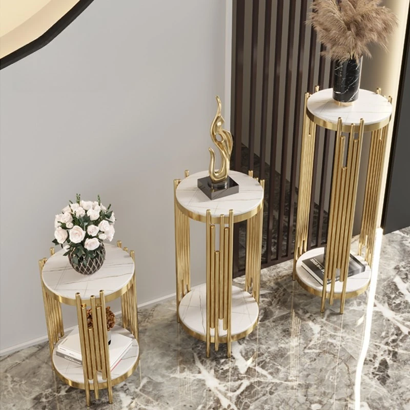 Light luxury flower stand TV cabinet marble flower table floor-to-ceiling living room stainless steel