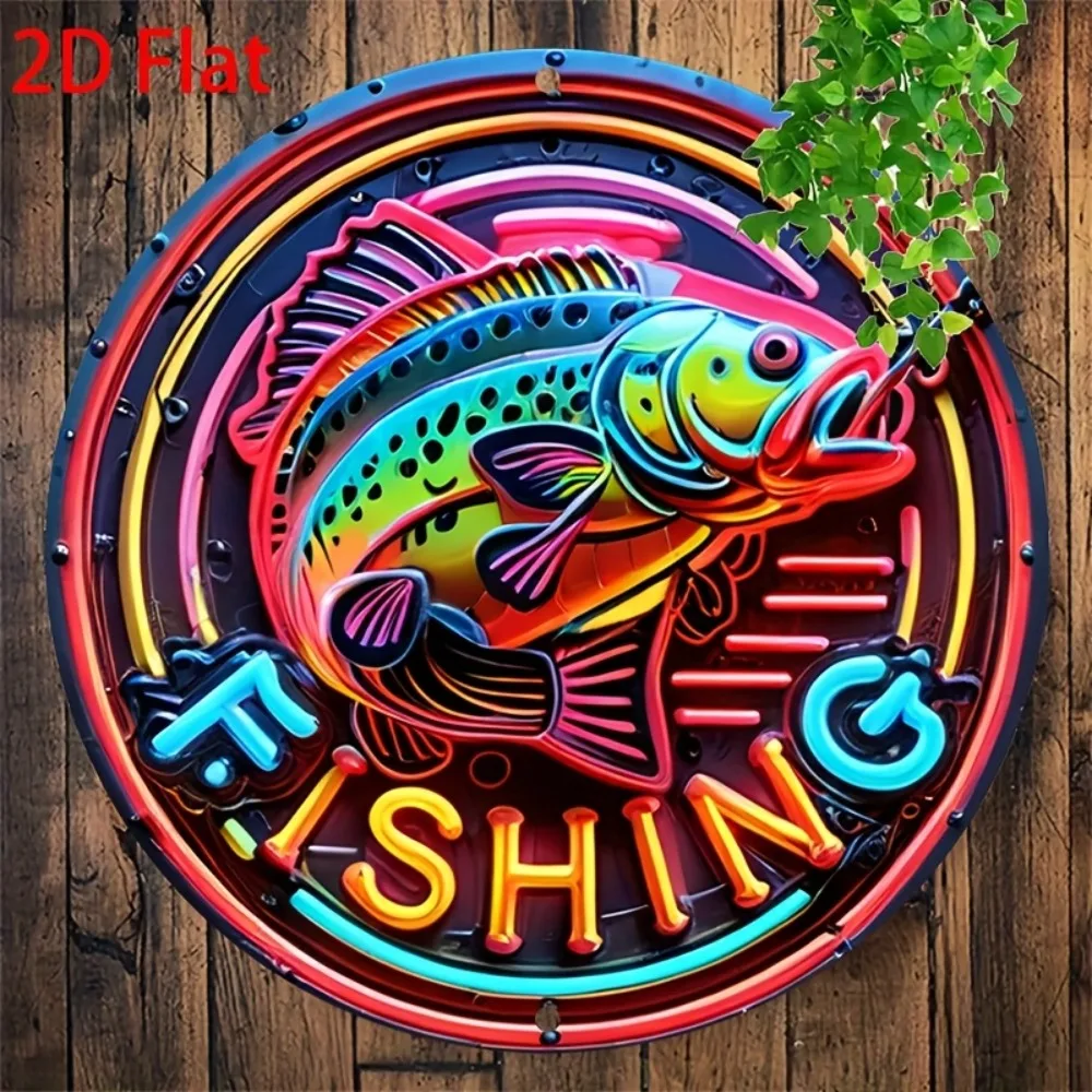 Vintage Aluminum Fishing Metal Sign - 2D Round Imitation Relief Wall Art for Home, Bar & Garage