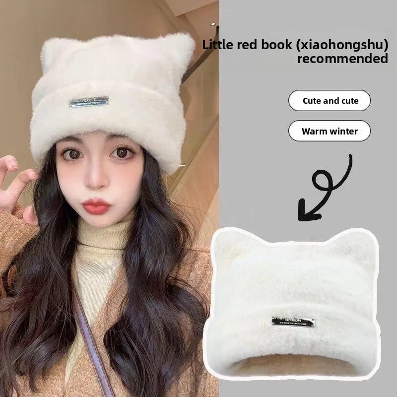New Women Cute Cat Ear Earflap Winter Hat Fashion Faux Fur Knitted Hat Cute Style Soft Beanie Hats Candy Female Streetwear Cap