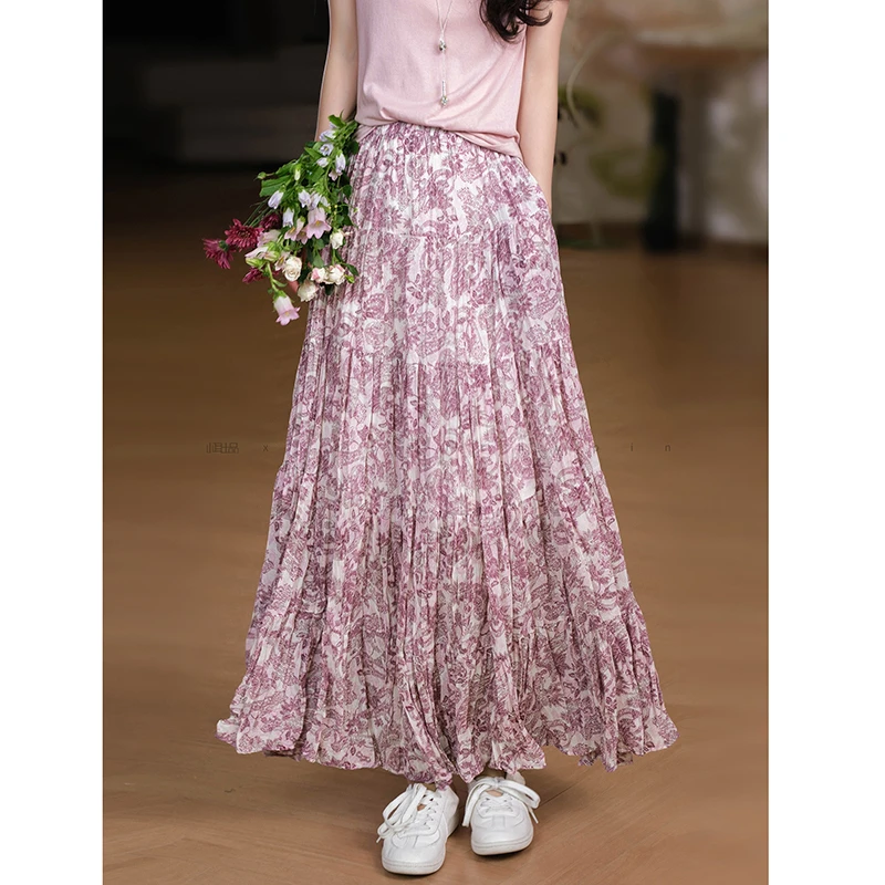 

2026 New Arrival Spring/summer Women Casual Loose Vintage Print A-line Skirt All-matched Beach Style Ankle-length Skirts T122