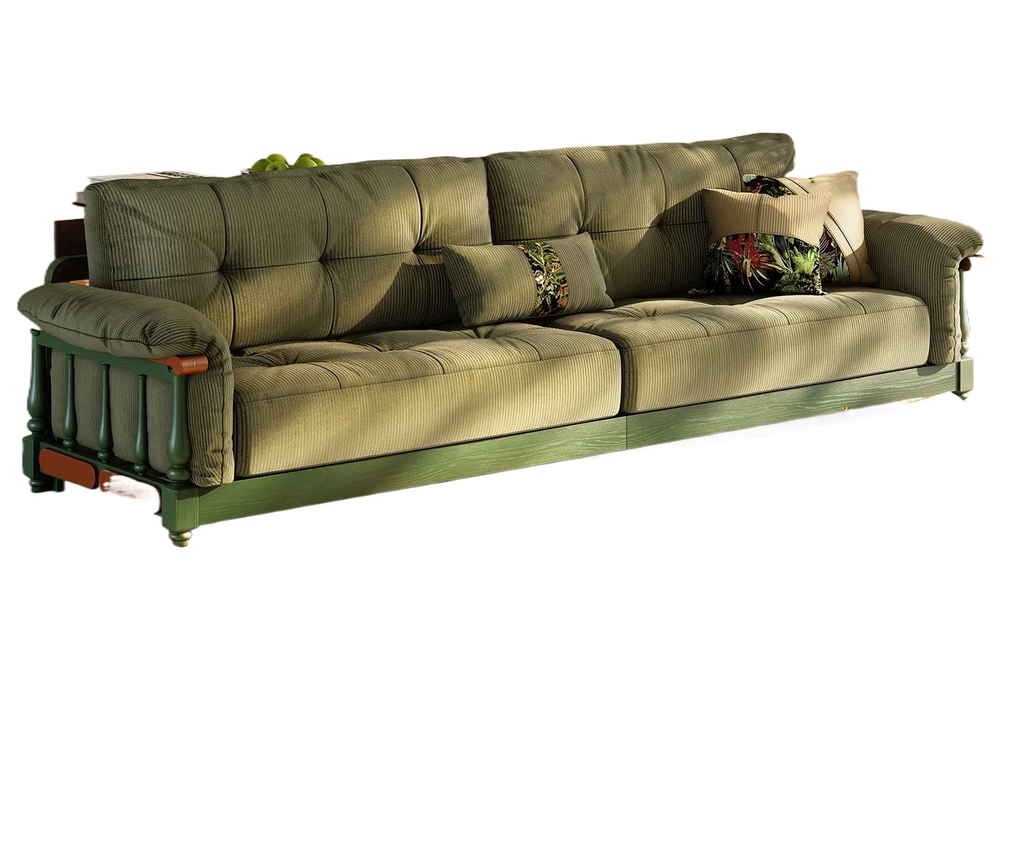 

French retro sofa small apartment living room straight row sofa medium antique solid wood fabric retro green
