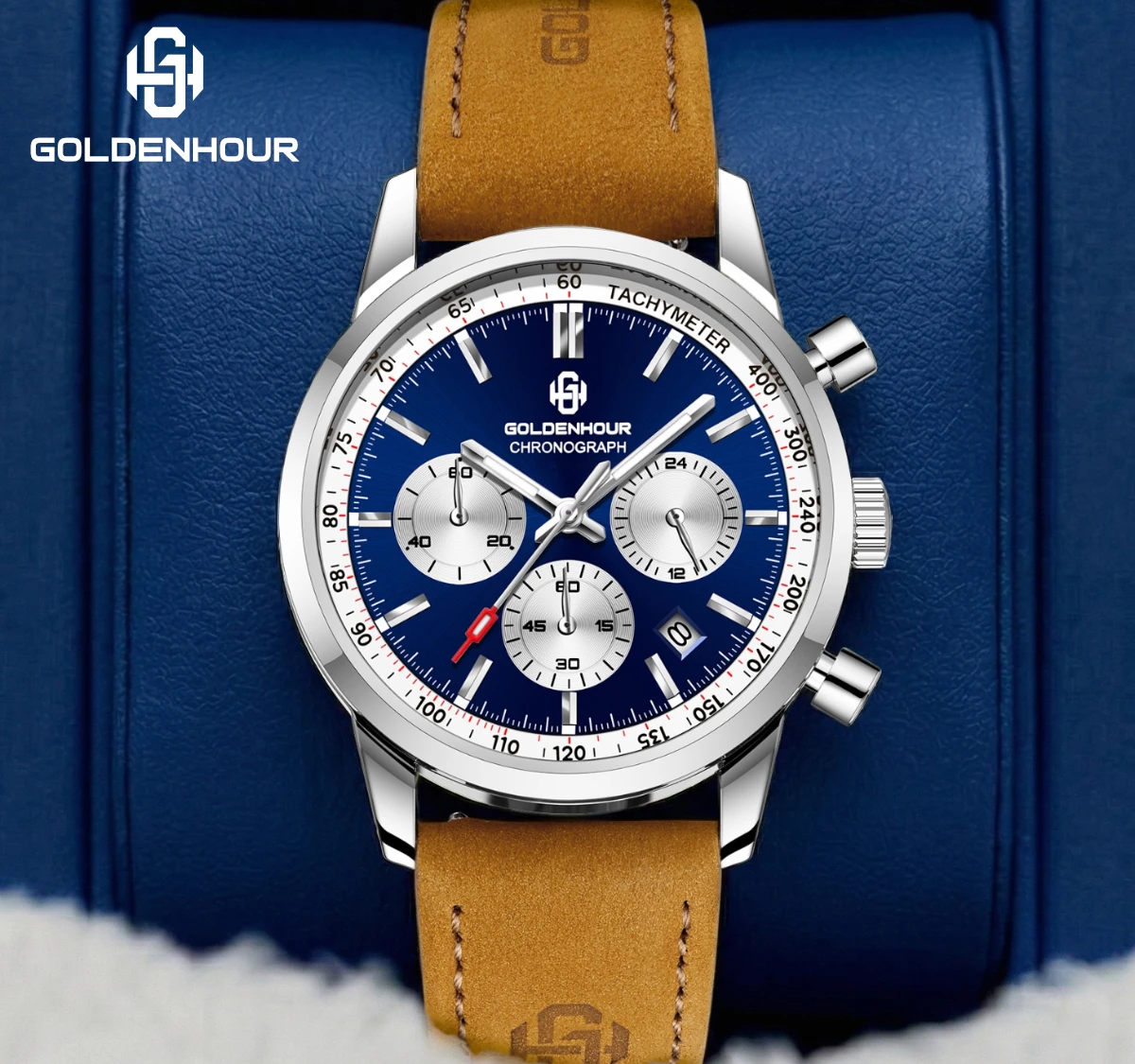 GOLDENHOUR Luxus-Herrenuhr, wasserdicht, Chronograph, leuchtende Quarz-Armbanduhr, echtes Lederarmband, lässige Sport-Herrenuhr