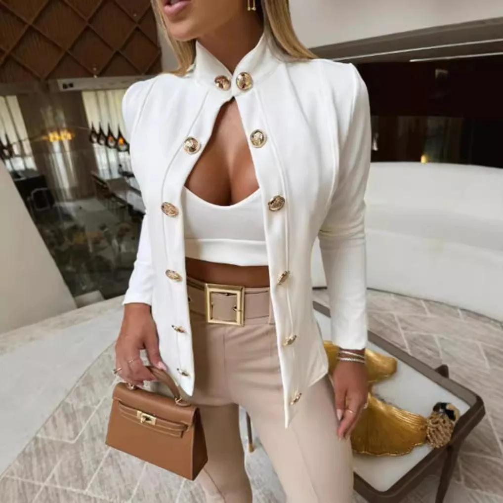 Women\'s Stand-up Collar Blazers Long Sleeve Slim Fashion Double-breasted Small Suit Jacket