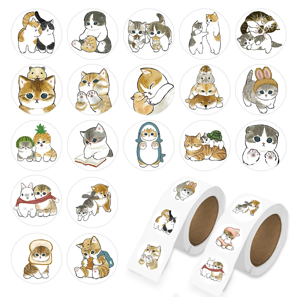 500Pcs Round Cartoon Cute Cat Stickers Kawaii Animal Decals Reward DIY Scrapbook Skateboard Sealing Labels Stationery Decoration