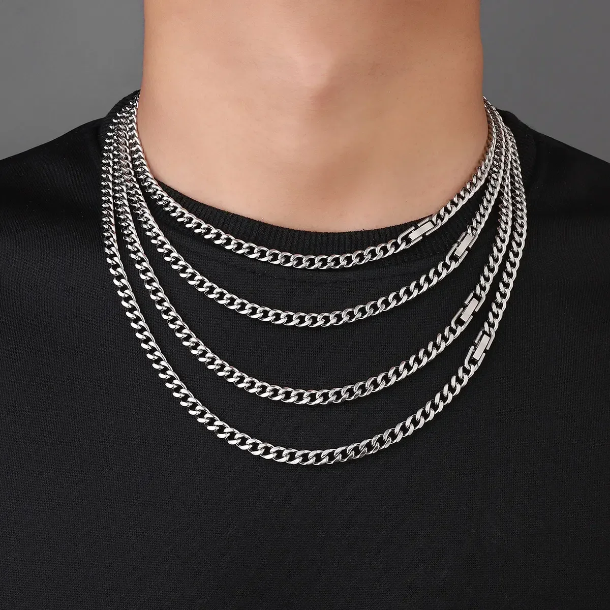 High Quality Full Polishing Stainless Steel 6mm Side Encryption Cuban Necklaces For Men Basic Punk Link Chain Chokers