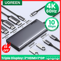 UGREEN Triple Display USB C HUB 10Gbps 4K HDMI Adapter 8-in-1 Splitter with HDMI DP USB3.2 PD 100W Dock for MacBook Pro Air PC