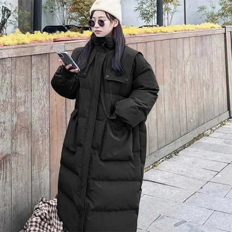 

Зимняя новая пуховая хлопковая куртка 2025 года, женская корейская версия, однотонная свободная толстая хлопковая куртка среднего и длинного цвета до колена, черное пальто