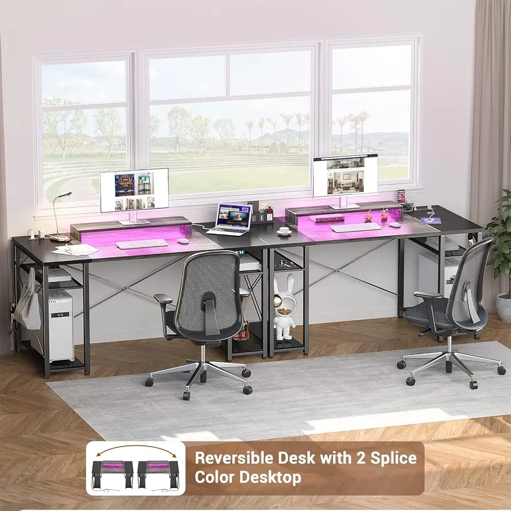 Computer Desk With Led Lights, 48 H Reversible Large Desk With Power Outlet And Usb, 48'' Gaming Pc Table With Moveable Monitor