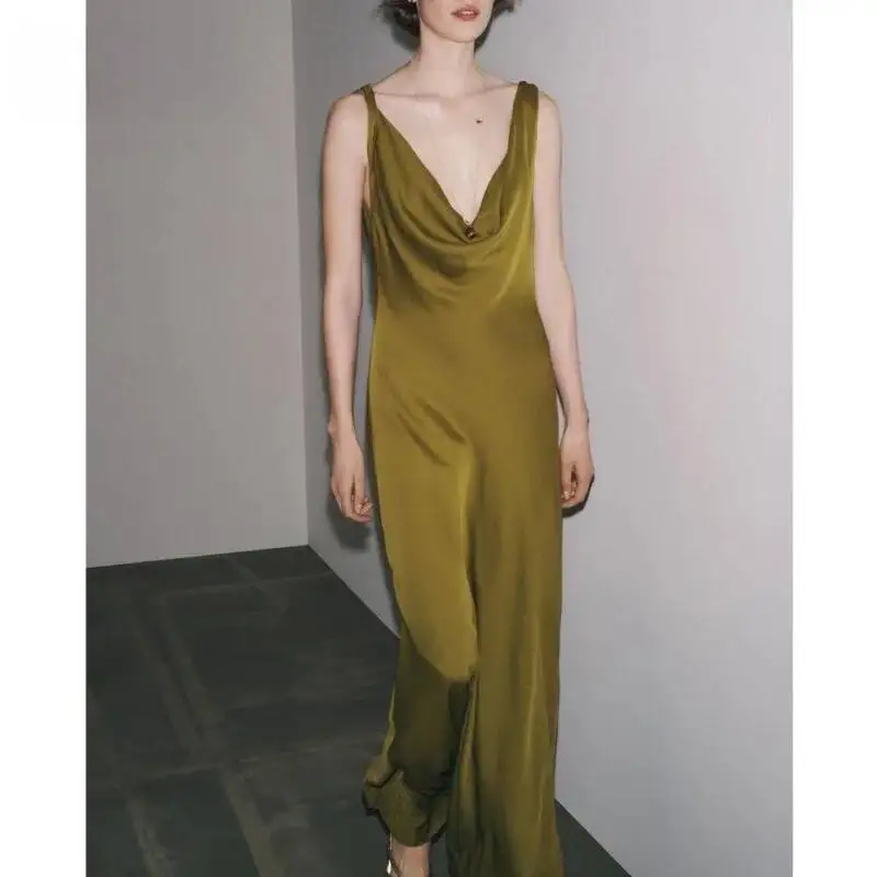 Summer New Arrival Women's Dr Silk Satin Texture V-Ne A-Line Asymmetrical Hemline Gown High Waist Polyester Fiber