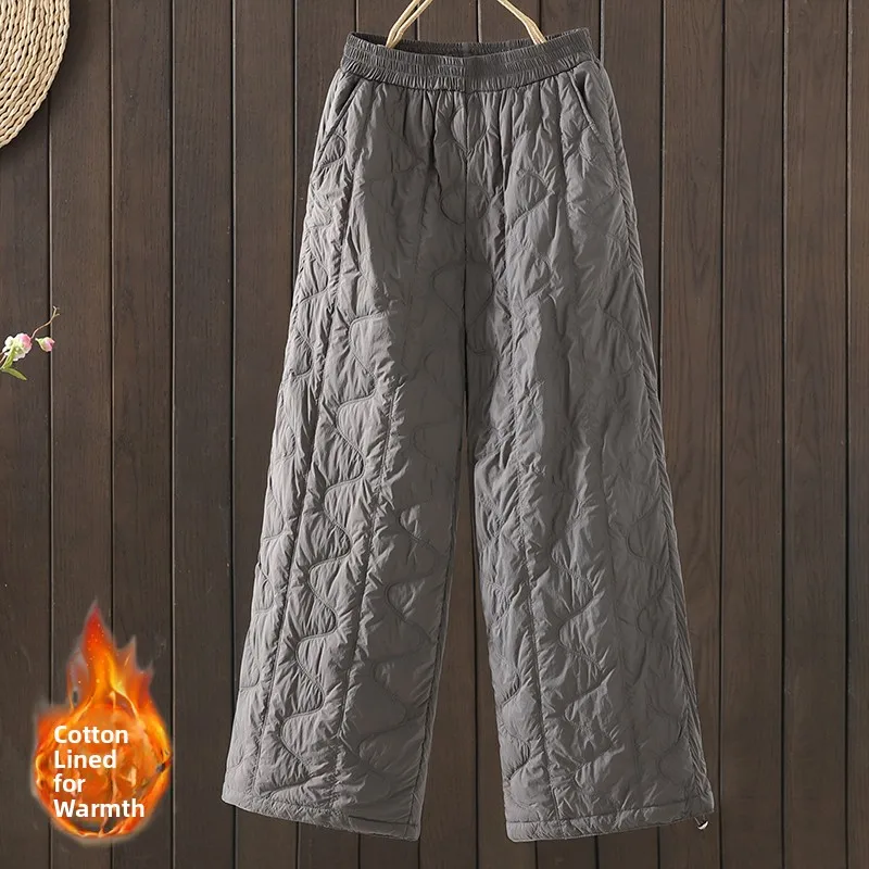 Pantalon large thermique en coton mélangé léger pour femmes, couleur hiver, coupe décontractée, coupe-vent