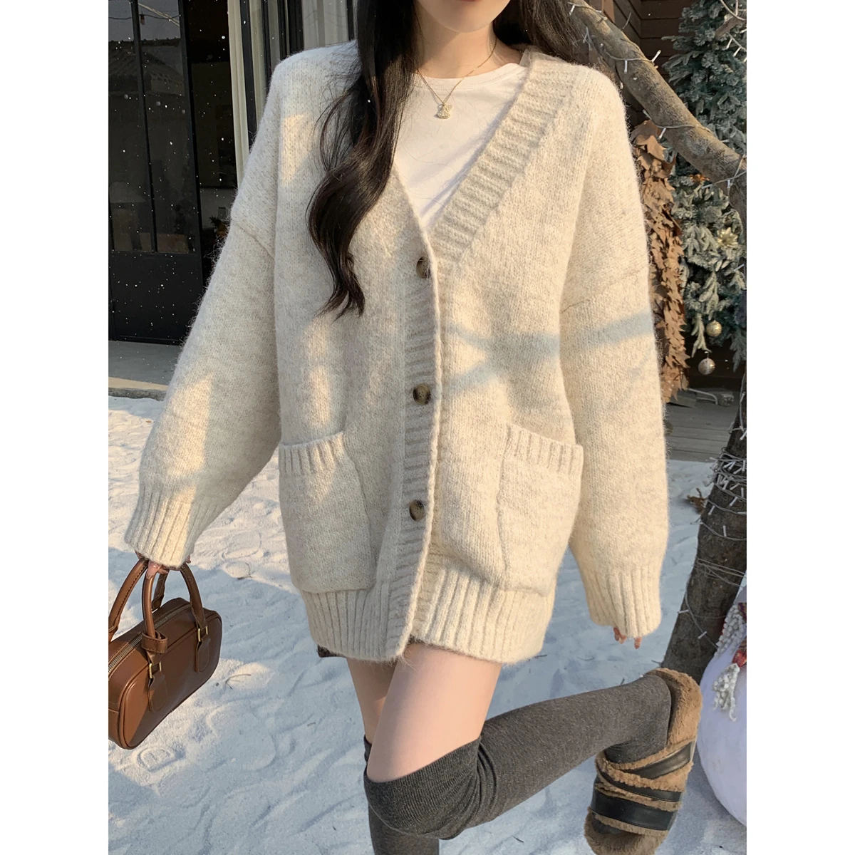 

Loose Thiened Long Sve V-Ne Knitted Sweater Korean Sle Autumn Winter New Arrival Women's Casual Outerwear with ket