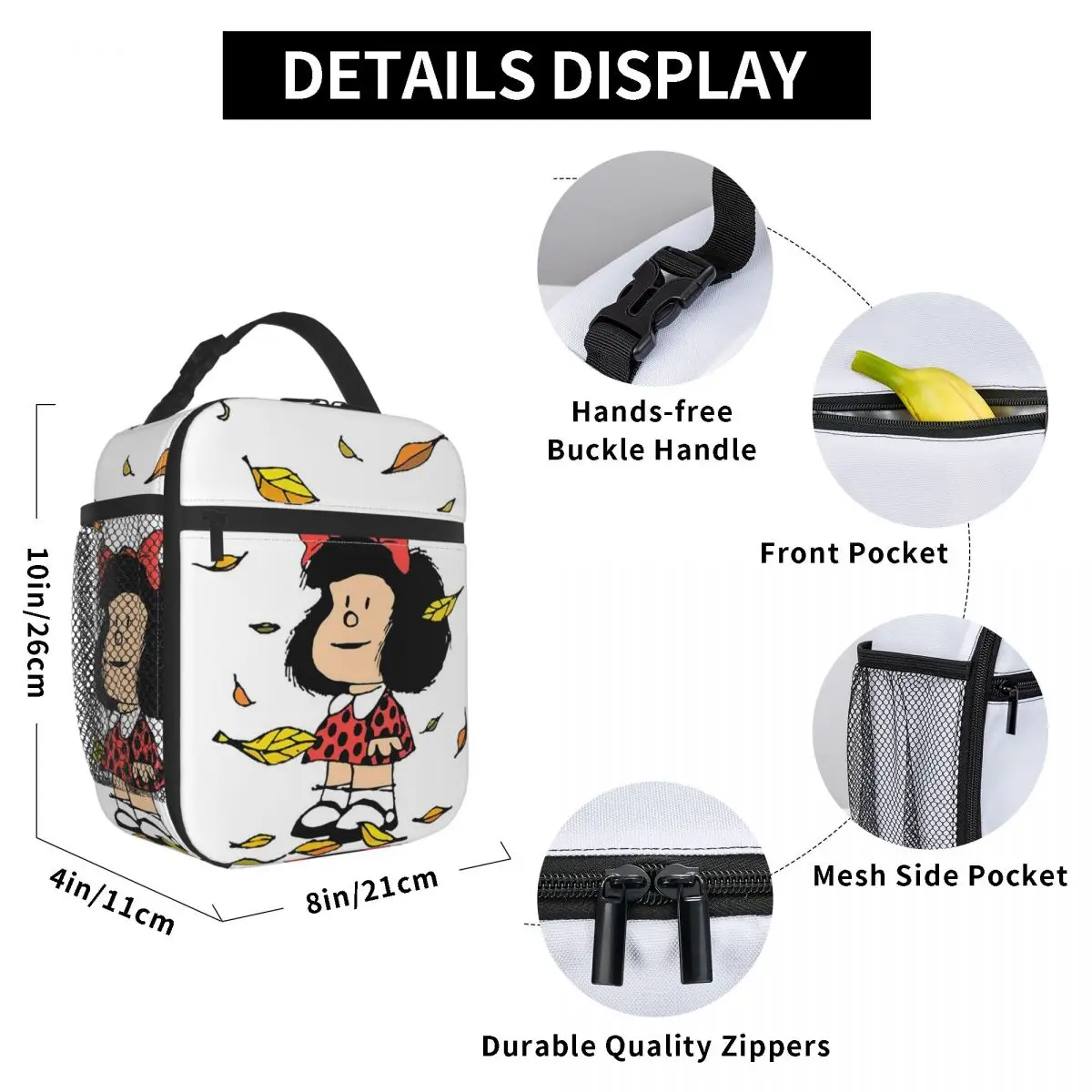 Mafalda Autumn Leaves Quino Comic Insulated Lunch Bag Women Office Cooler Thermal Food Box Tote Leakproof Lunch Boxes Container