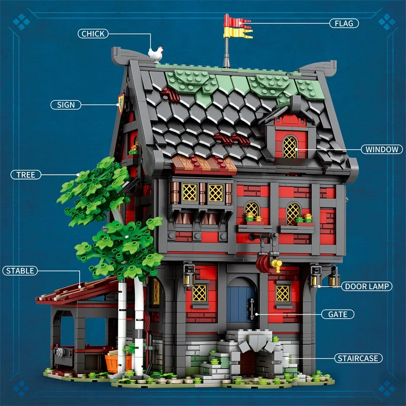 Medieval Crusaders Inn Town Street View House European Century Model Building Block City Bricks Set Christmas Gifts Toy For Kids