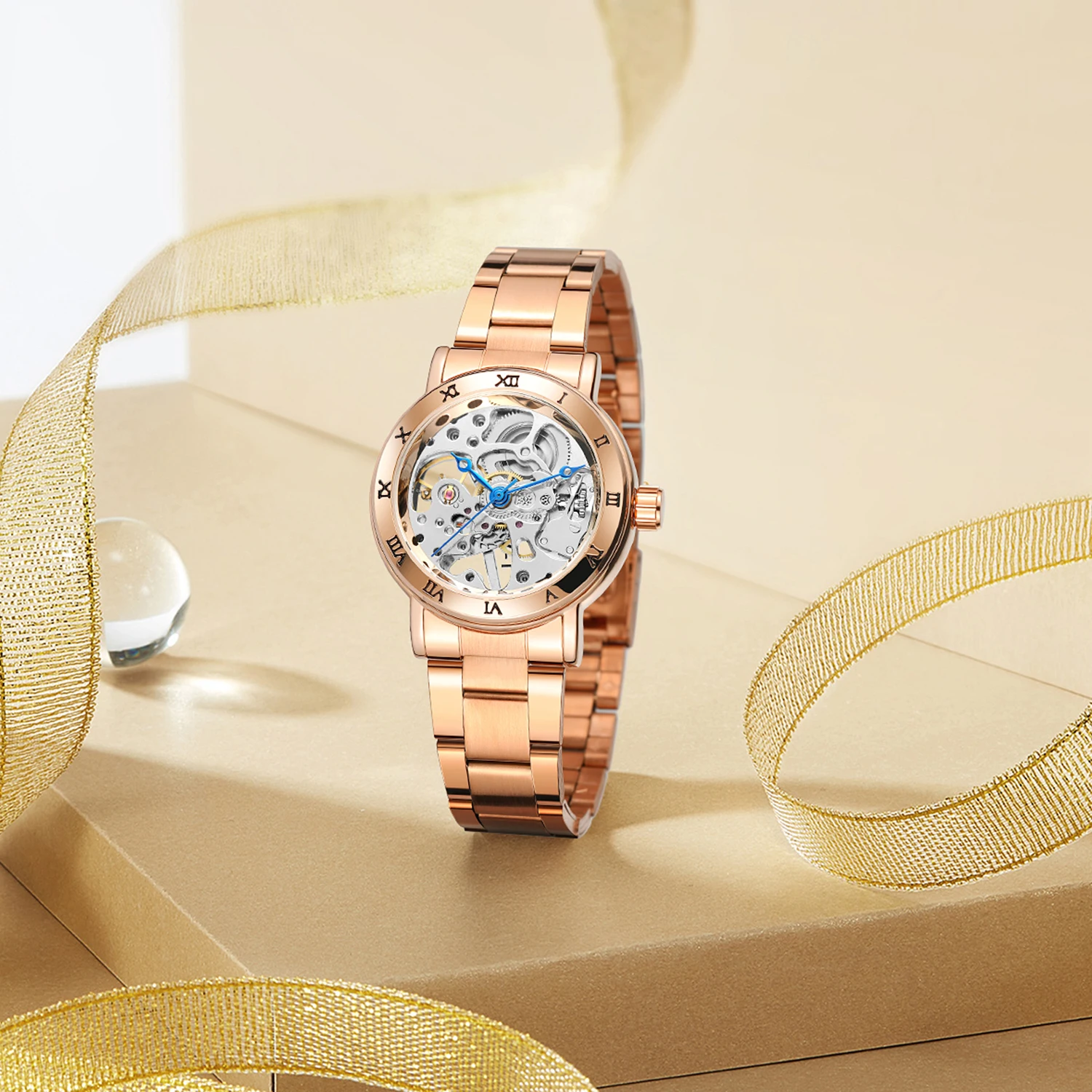 T-WINNER marca de luxo relógios femininos esqueleto relógios mecânicos numerais romanos moldura aço inoxidável moda senhoras relógio