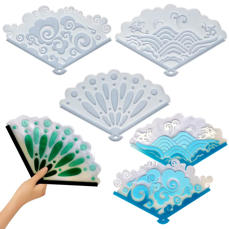 Diy Chinese Folding Fan Silicone Mold Peacock Auspicious Clouds Sea Wave Fan Epoxy Resin Molds Creative Handwork Home Decoration