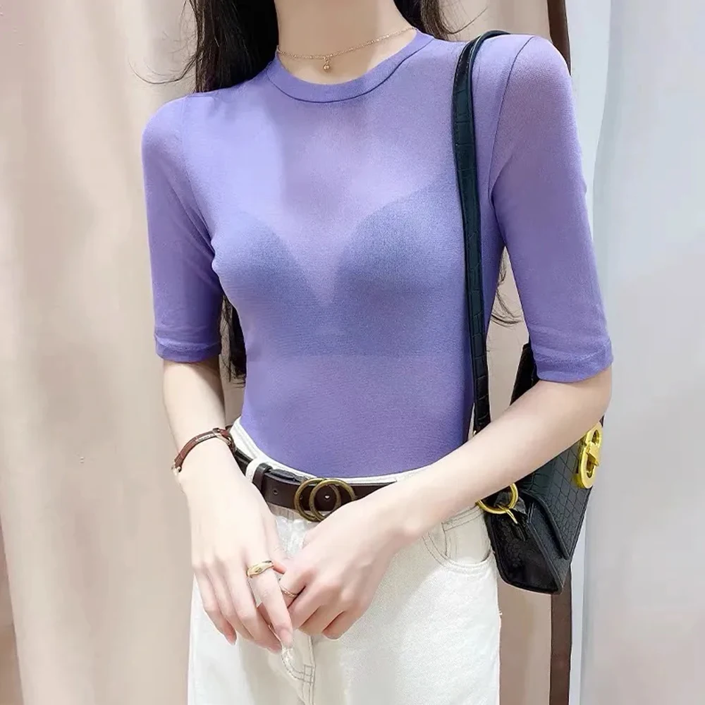 

Transparent Half Sleeve O Neck Thin T Shirt Women 4 Colors Size M-2XL Colorful Mesh Female Blouses Short Sleeve Shirts Girl Tops