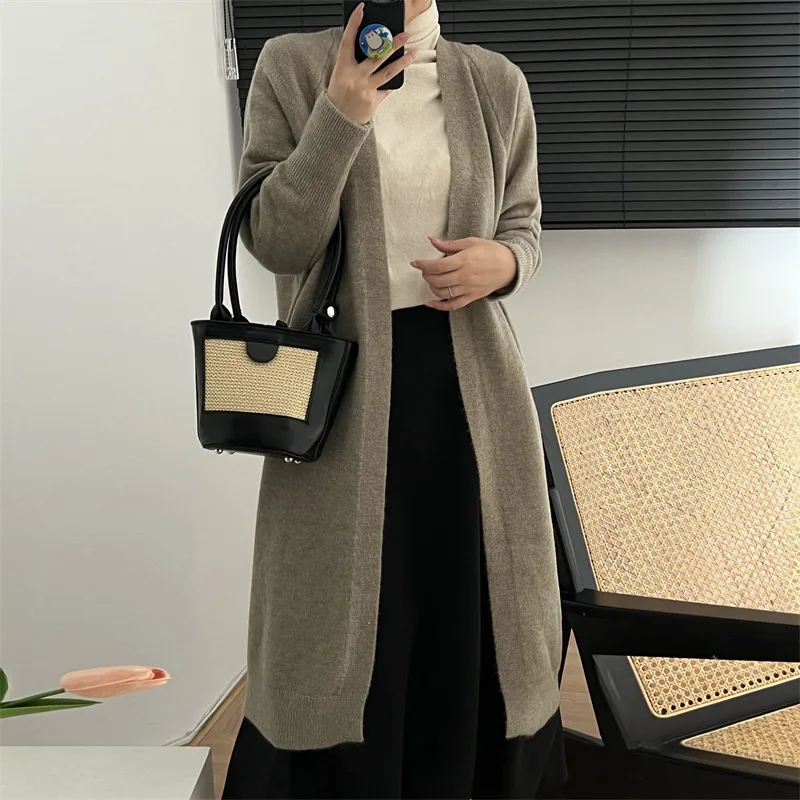 

Solid color knitted cardigan sweater for women, lazy V-neck loose temperament long sleeved medium length coat,autumn/winter, new