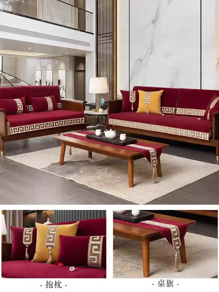 Chinese Style Chenille Sofa Cover Four Seasonal Universal Solid Wood Sofa Seat Cushion Joyful Anti Slip Red Chair Cushion Cover
