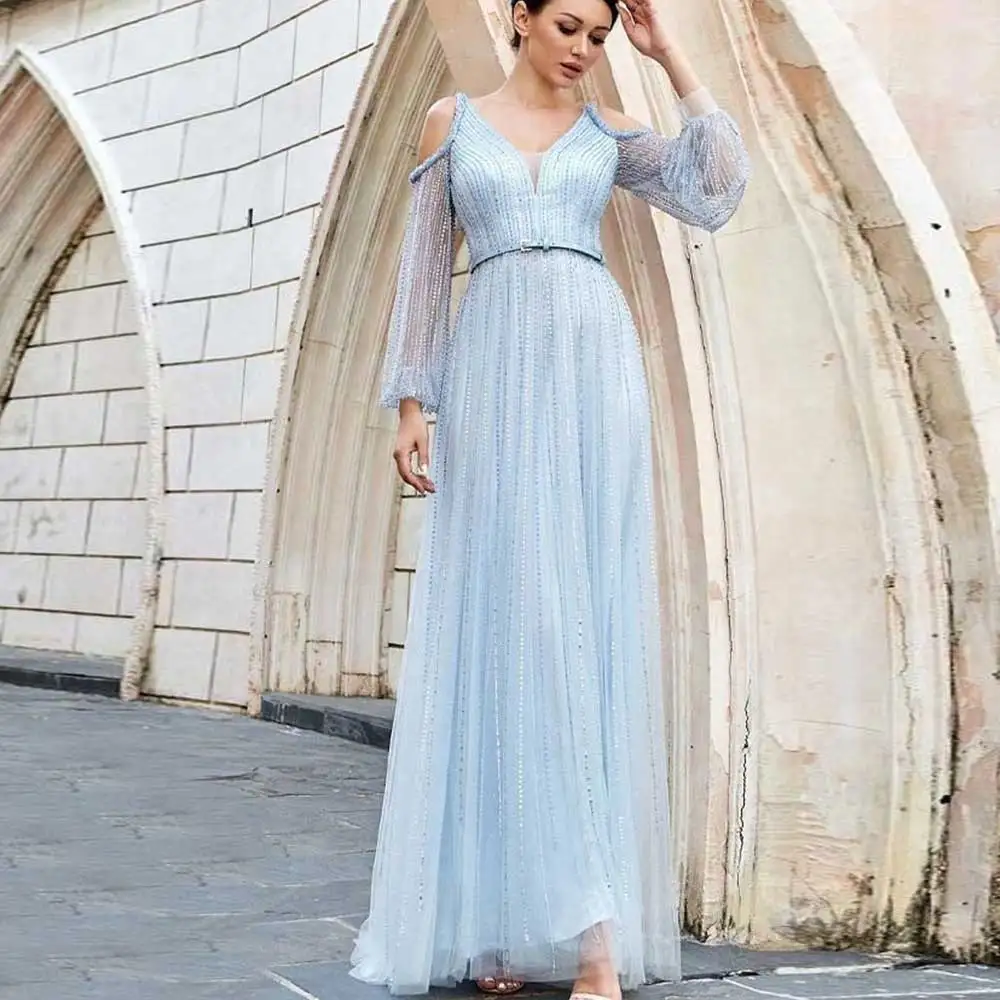 

Blue Gorgeous Sheath Lace Evening Dress Long Sleeves Deep V-Neck Pleated Sash Back Zipper Off Shoulder Elegant Party Prom Gown