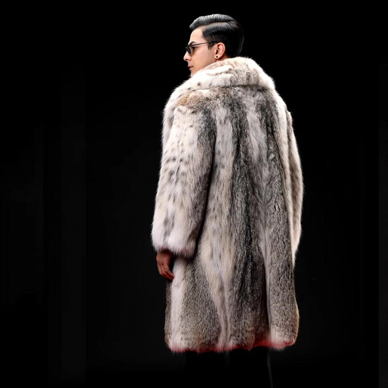 Ftangaiur Winter Men Import Top Lynx Fur Coat Turn-Down Collar Lynx Jackets Men's Long Causal Real Natural Fur Coats
