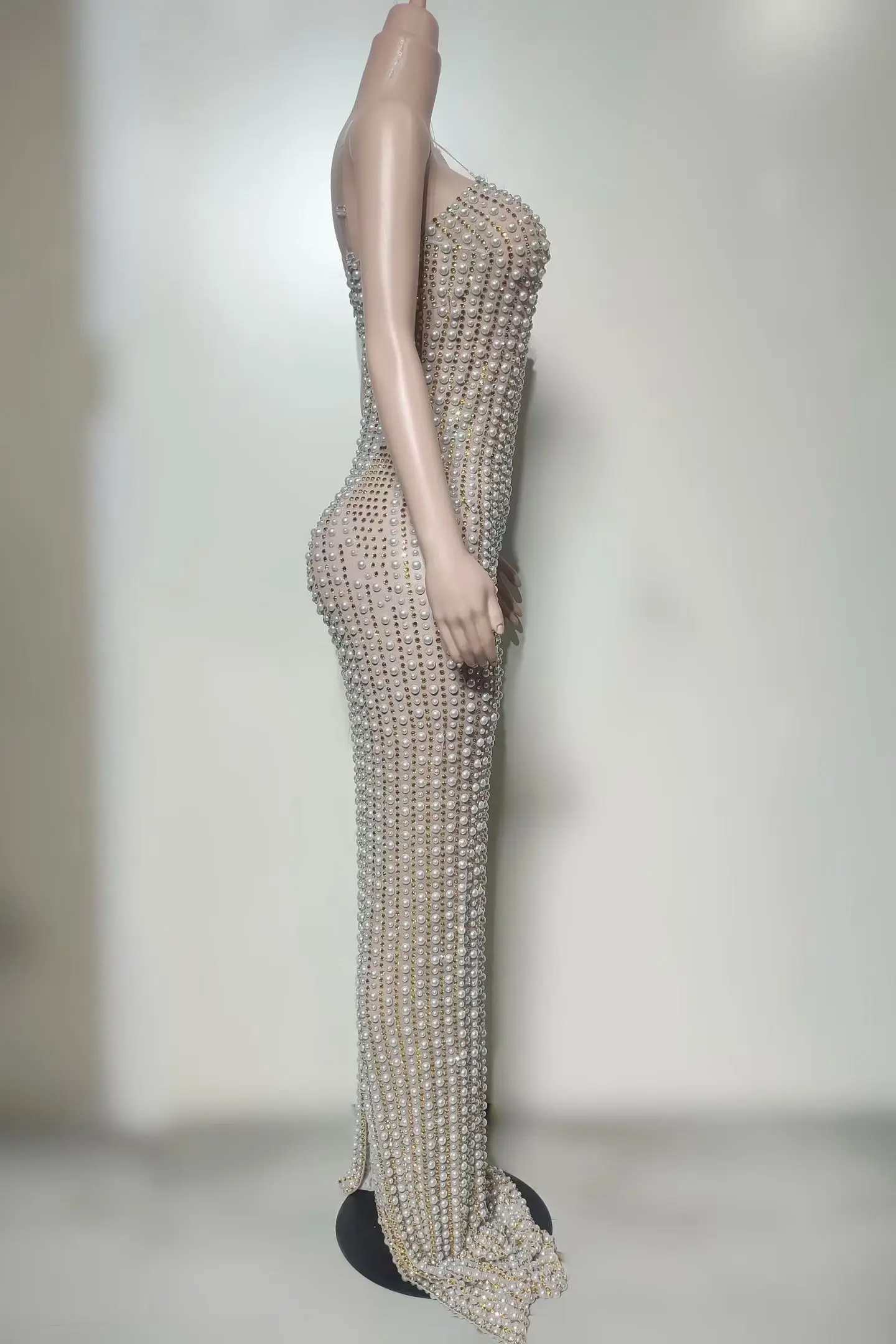 Sexy Sparkly Rhinestones Pearls Long Dress Women Sexy See Through Celebrate Evening Prom Birthday Dress Photoshoot Stage Wear