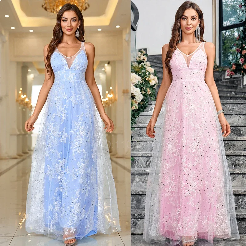 Women's Evening Wedding Bridal Embridery Gown Dress V-Neck Sleeveless Mesh Lace Simple Backless Long Dress Elegant Party Dresses